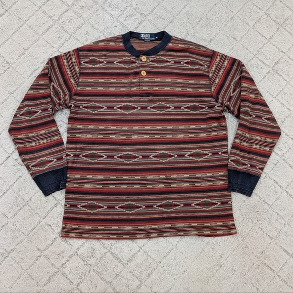 Vintage Polo Ralph Lauren Shirt Mens M Red Blue Aztec Henley Tribal Chimayo 90’s - Picture 1 of 7